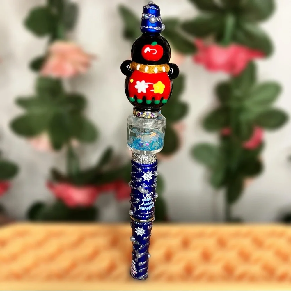 Handpainted Snowman Christmas Magic Blue Sparkles Handmade Beaded Pen